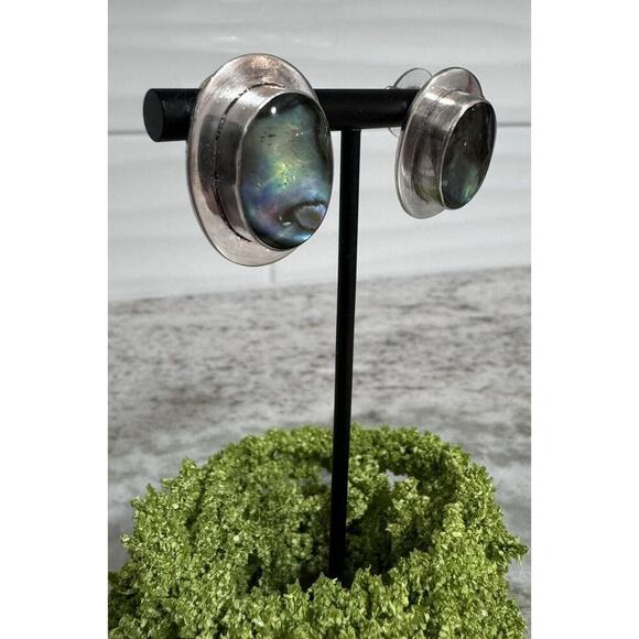 Vintage MCM Sterling Silver Mexico 925 Abalone Earrings - Picture 2 of 6